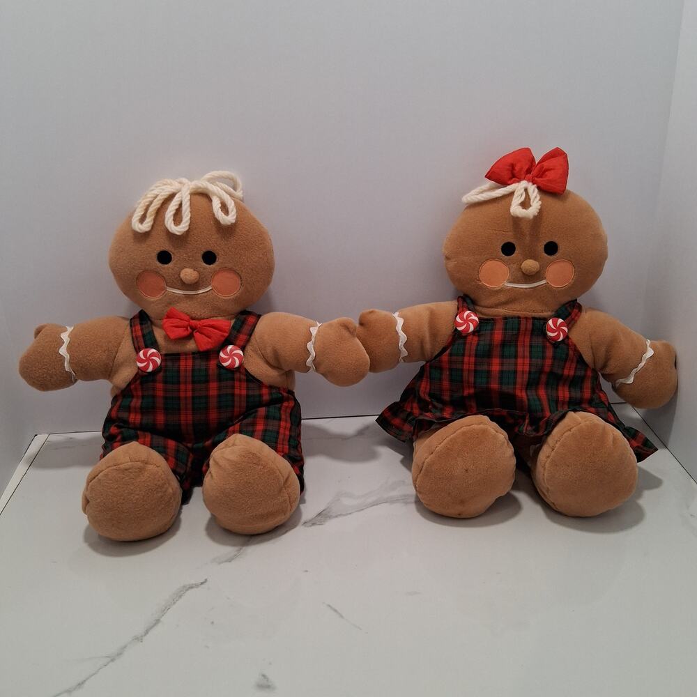 Christmas Holiday Vintage Gibson Gingerbread Decor Plaid Pair Girl/Boy Plush